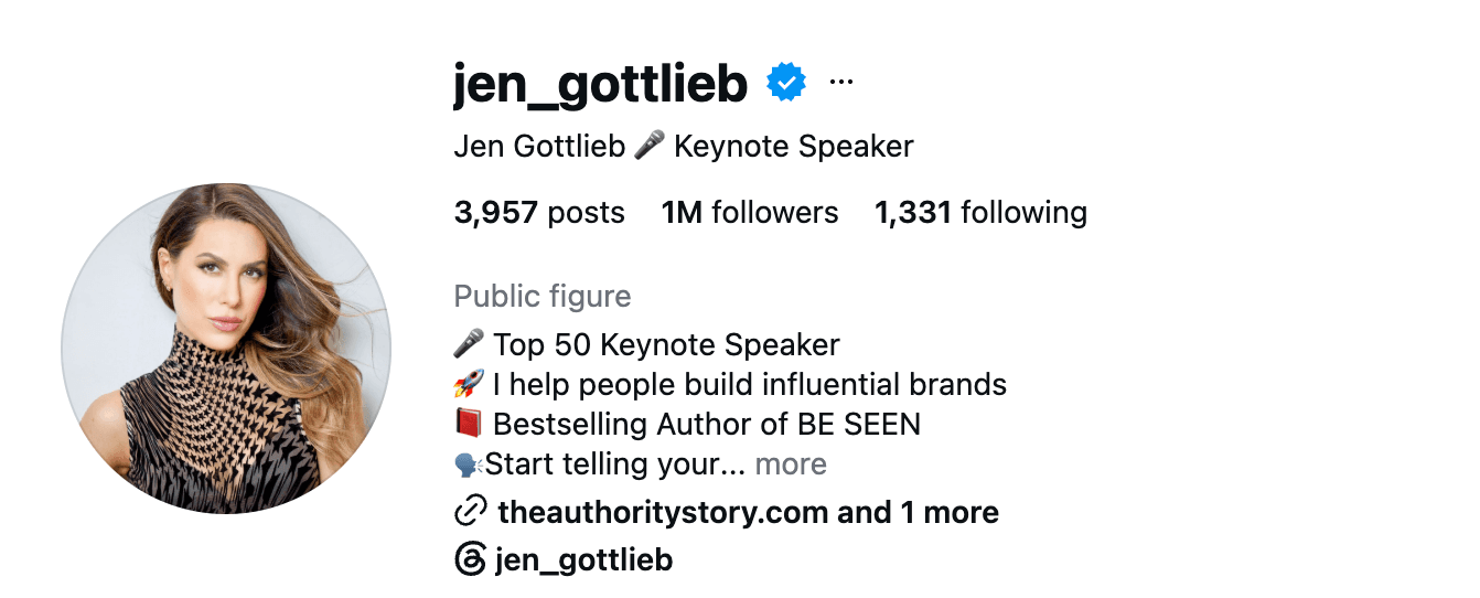 Jen Gottlieb’s verified Instagram profile showing one million followers