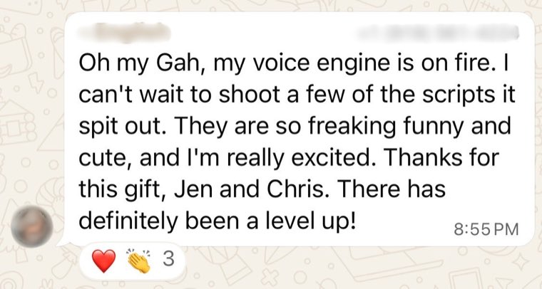 Member message saying My Voice Engine was on fire and she could not wait to record