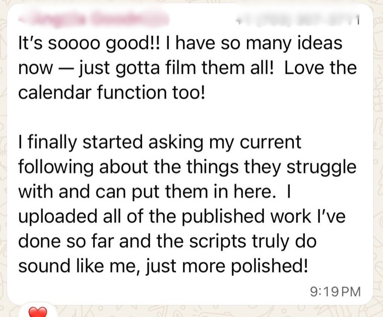 Member message saying the scripts truly sound like her, just more polished